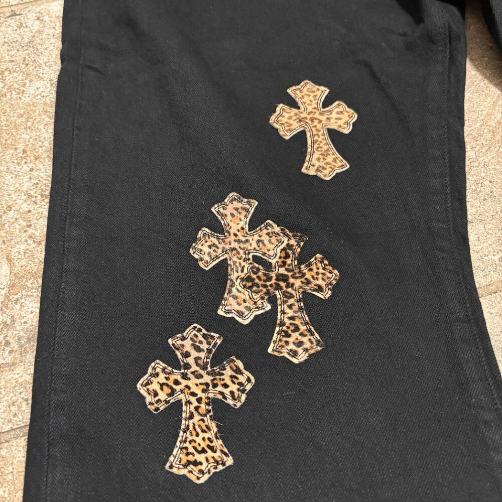 Chrome Hearts Green and Leopard Cross Patches Jeans Black Size 36 - Picture 5 of 15